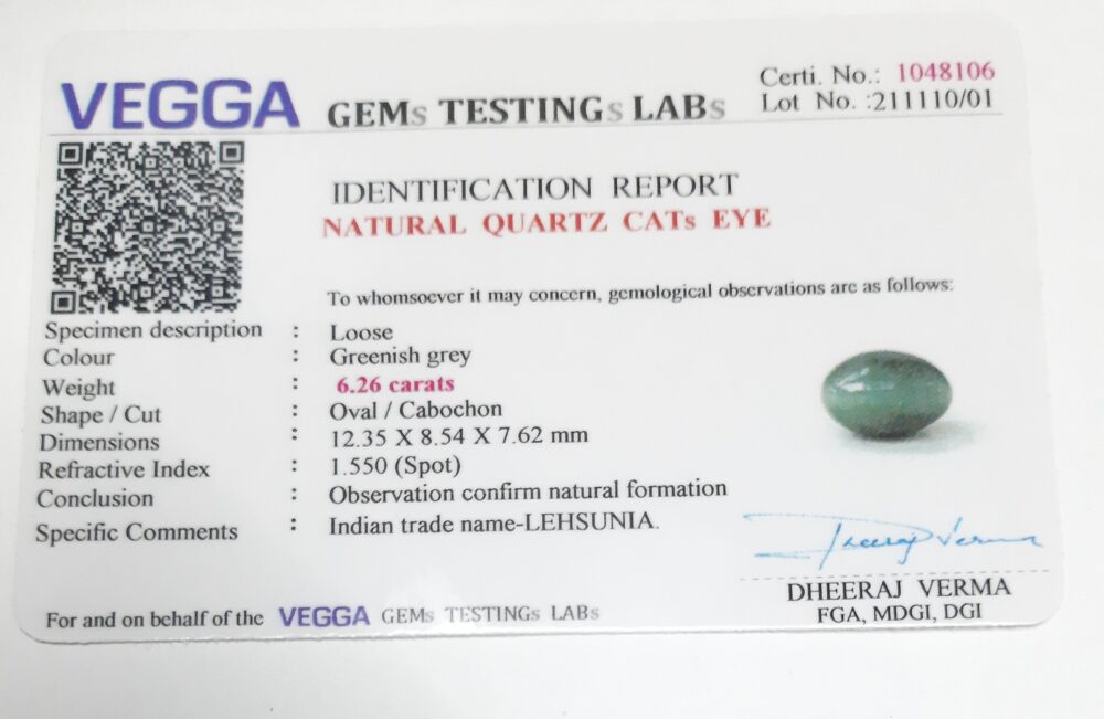 Natural Lehsunia(Quartz Cats Eye) Stone - @60 per Carat – 6.26 Carats | With Lab Certified
