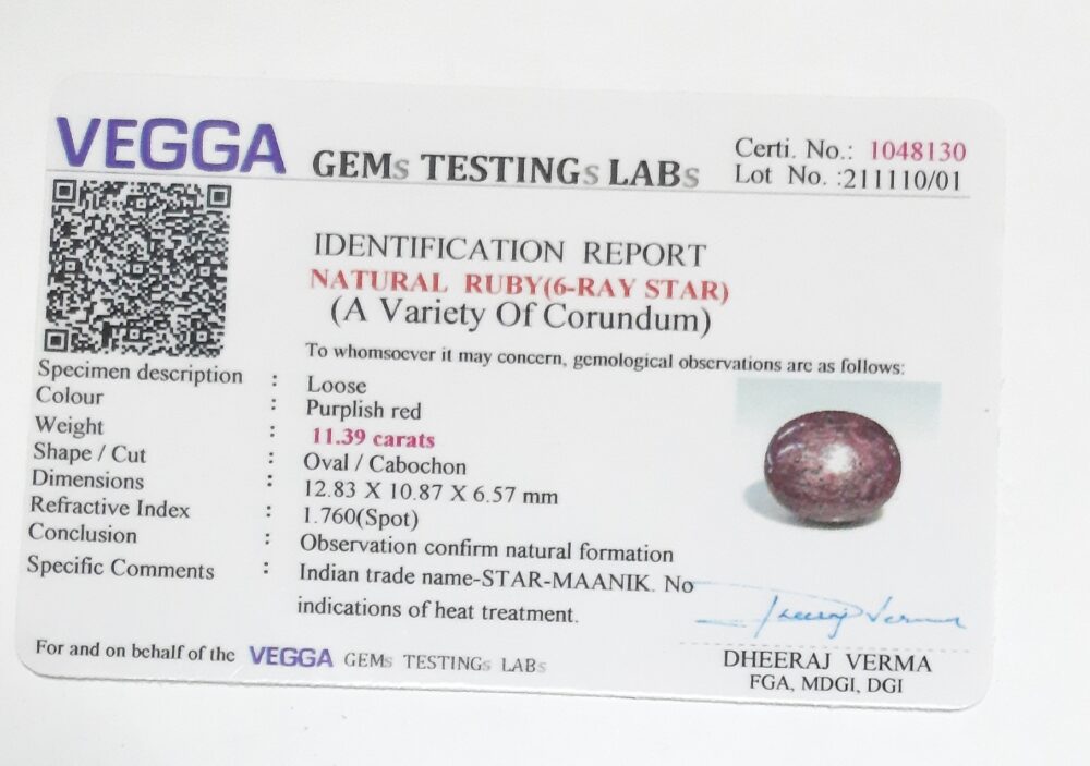 Natural Star Maanik(6- Ray Star Ruby) Stone - @80 per Carat – 11.39 Carats | With Lab Certified - Image 4